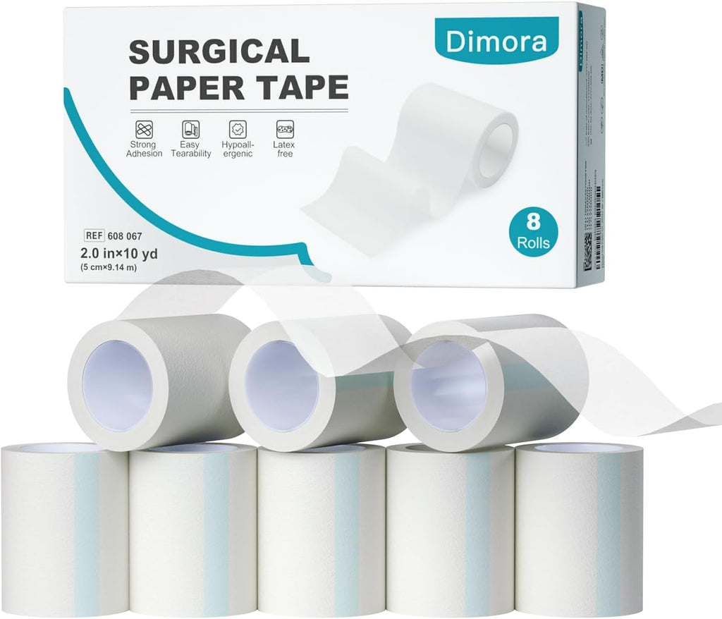 Dimora Paper Medical Tape 8 Rolls- Hypoallergenic White Surgical Tape for Sensitive Skin，Breathable First Aid Wound Tape with Pain-Free Removal，Secures Dressing and Medical Devices -2" x 10 Yards