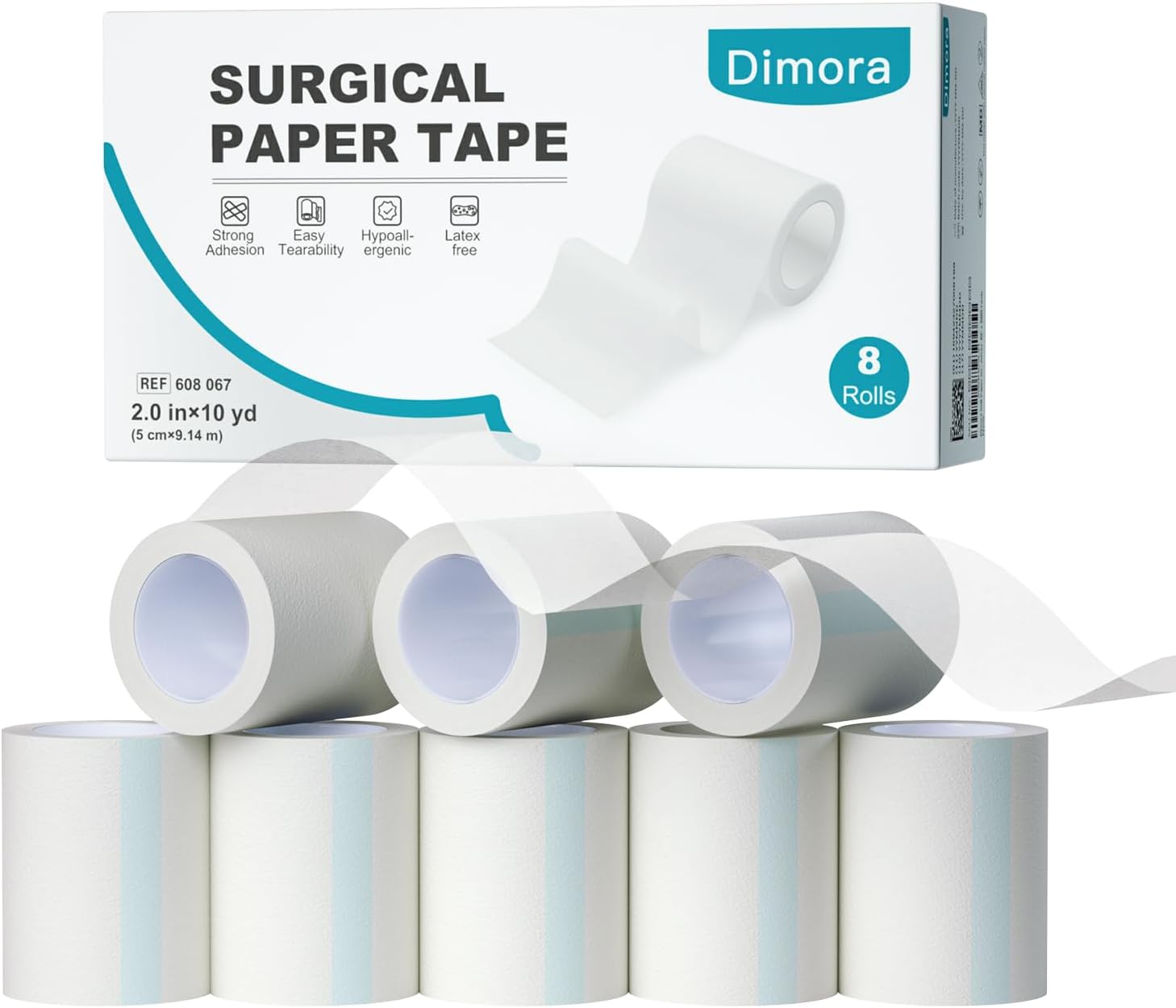 Dimora Paper Medical Tape 8 Rolls- Hypoallergenic White Surgical Tape for Sensitive Skin，Breathable First Aid Wound Tape with Pain-Free Removal，Secures Dressing and Medical Devices -2" x 10 Yards