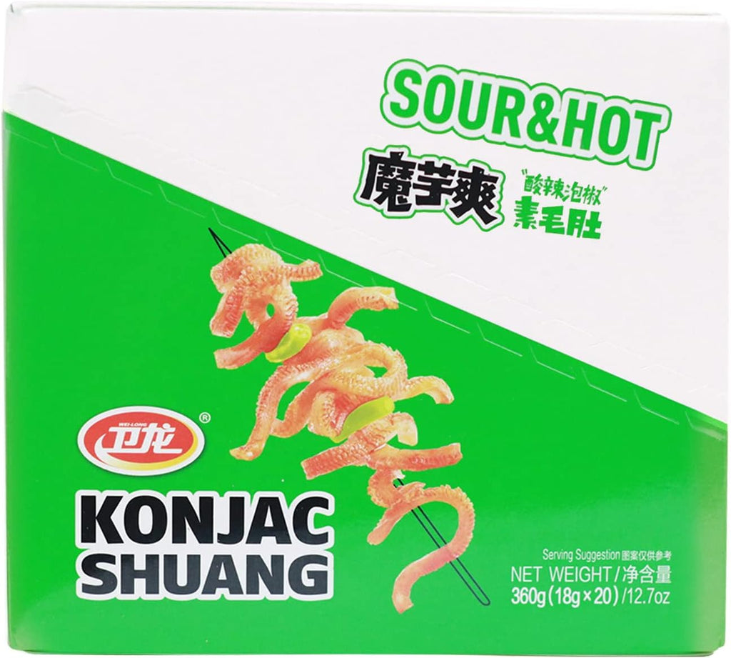 WeiLong Konjac Snack, Spicy Hot Strips, Spicy Snacks Latiao La tiao, Chinese Snacks Moyushuang, Spicy and Sour Flavor, 卫龙辣条，魔芋爽(酸辣), 18g*20 Bags, Pack of 1