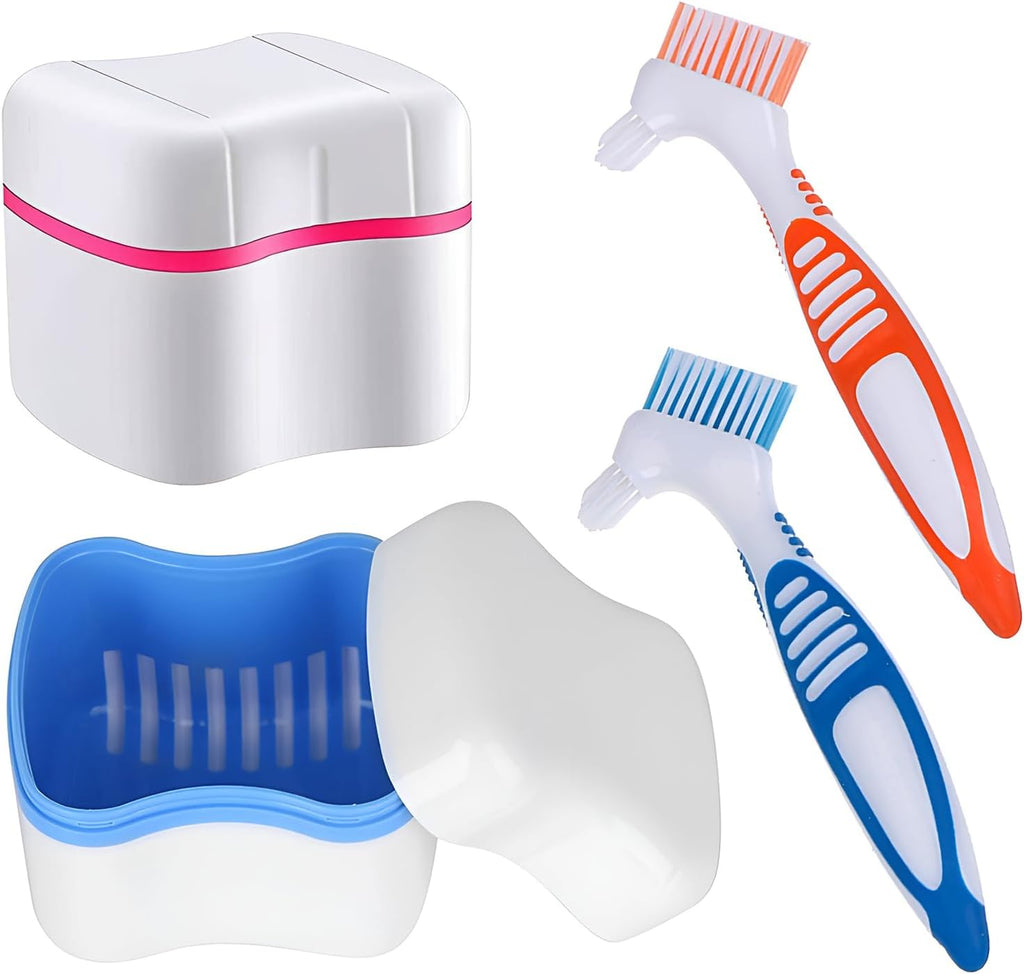 Denture Cleaner Box and Brush Set - 2 Pack Denture Bath Case with Basket + 2 Pack Denture Brush, Portable Denture Retainer Storage Box, False Teeth Brushes for Oral Care (Blue and Red)