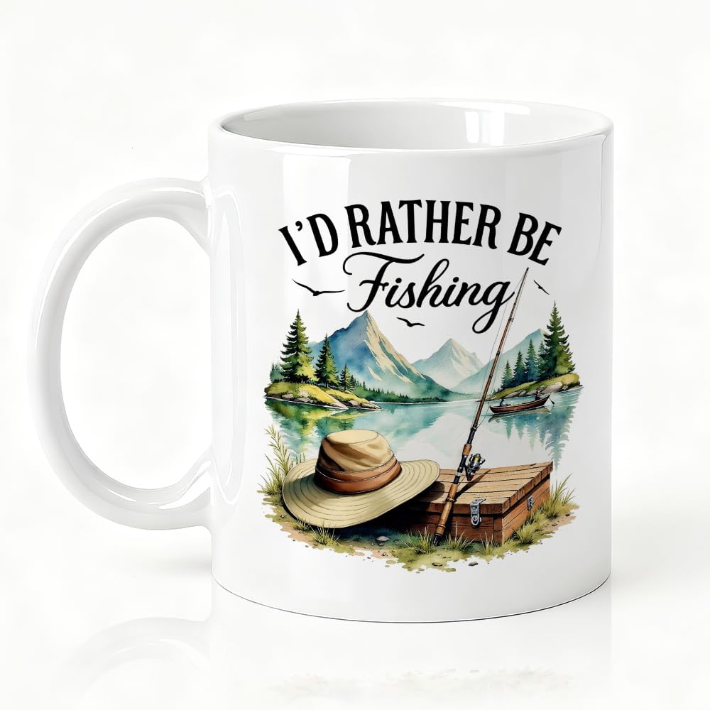 I'd Rather Be Fishing Double-Sided Ceramic Mug, Funny Fisherman Mug for Men Women, Coffee Cup for Fishing Lover, Birthday Retirement Gifts for Grandpa Dad, Fisherman Gifts for Family Friend