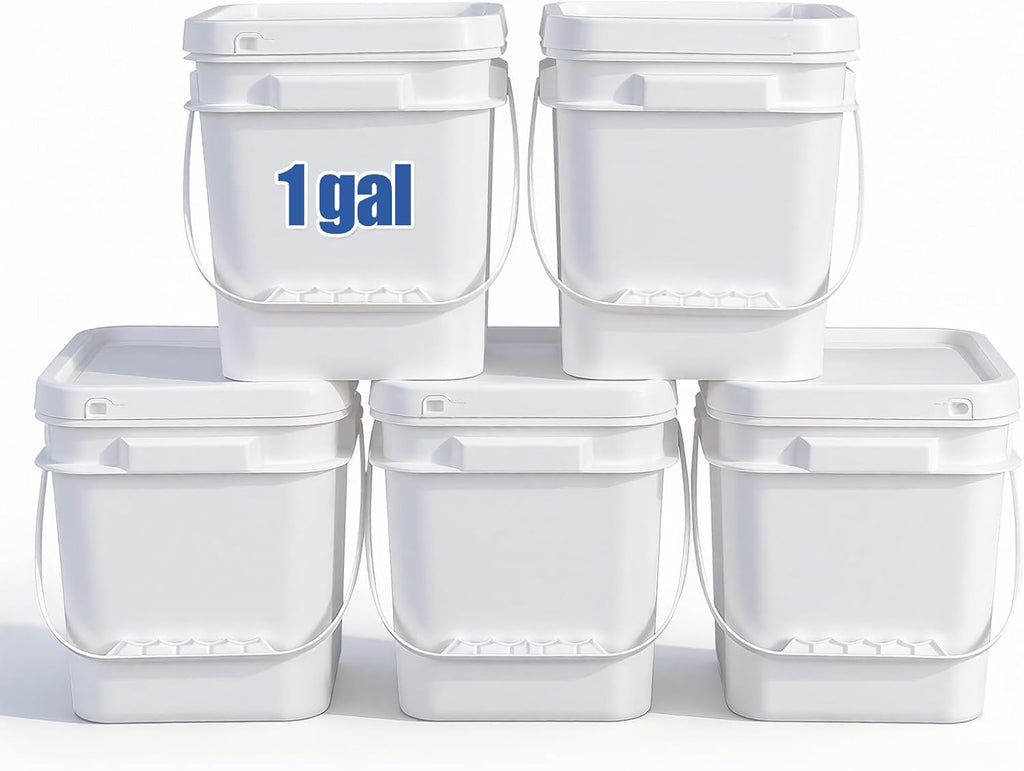 ASEVAT White 1 Gallon Bucket with Lid, Square Food Grade Storage Containers with Lids, Pail Container with Handle, Bucket for Cleaning Heavy-Duty Extra Durable BPA Free