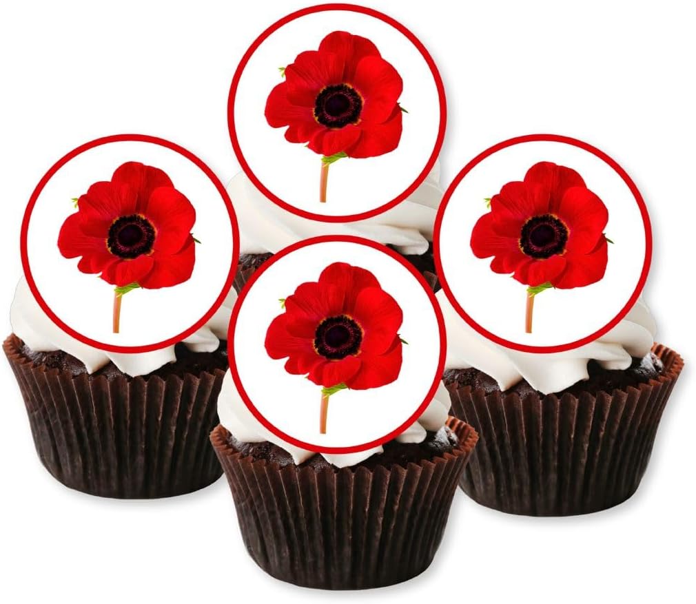 PRECUT Poppy Cupcake Toppers, Poppy Flowers Edible Mini Discs - Wafer Card Cake Decorations (24)
