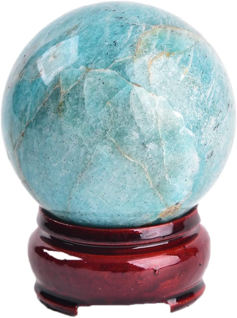 JIC Gem Natural Amazonite Crystal Ball with Wood Stand Gemstone Sphere,Polished Healing Energy Mineral Gemstone Balls for Reiki Chakra Decoration Fengshui (50-60mm)