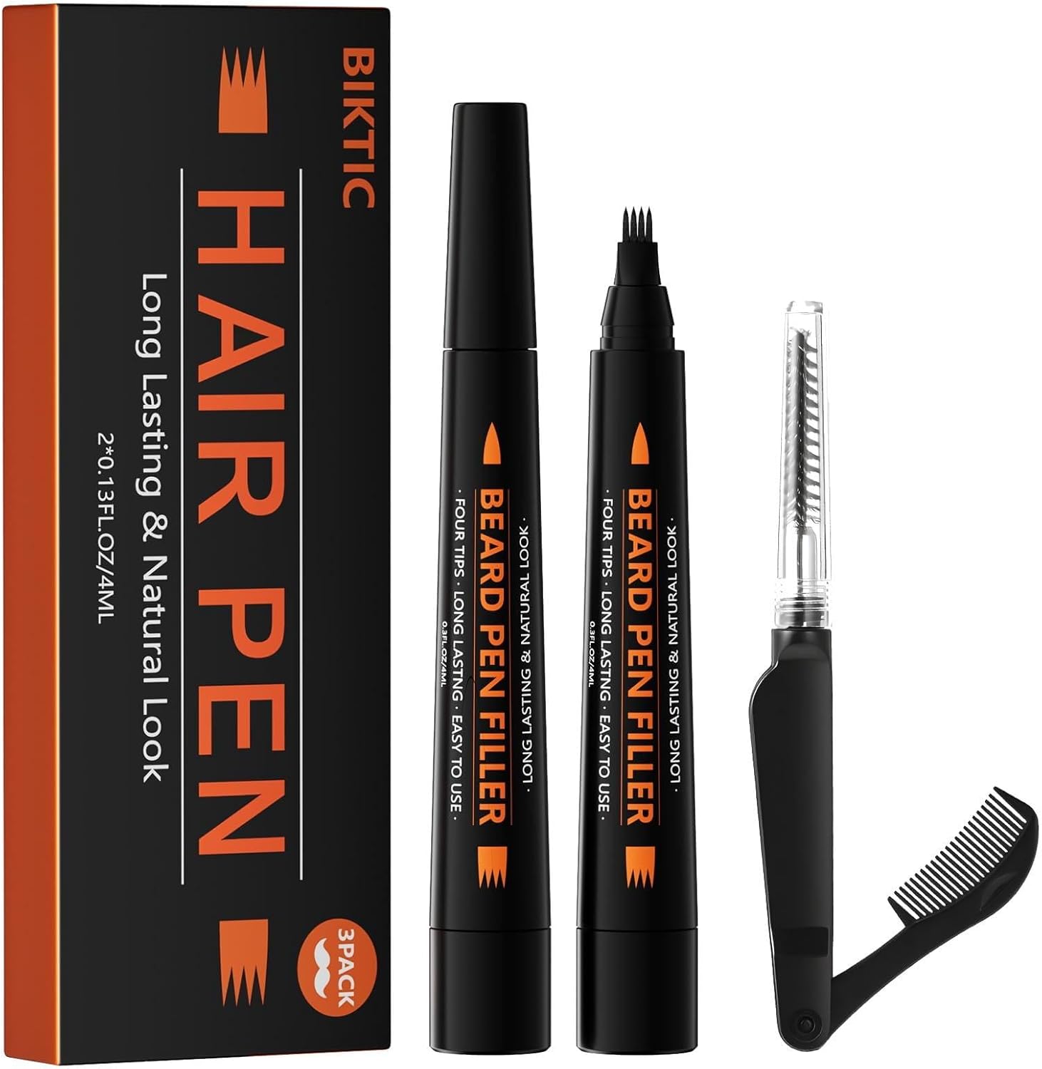 3-Pack Beard Pencil Filler for Men (Black), Four-fork Tip Beard Styling Pen, Waterproof Sweat Proof Long Lasting Beard Pencil,Effectively Enhances Facial Hair