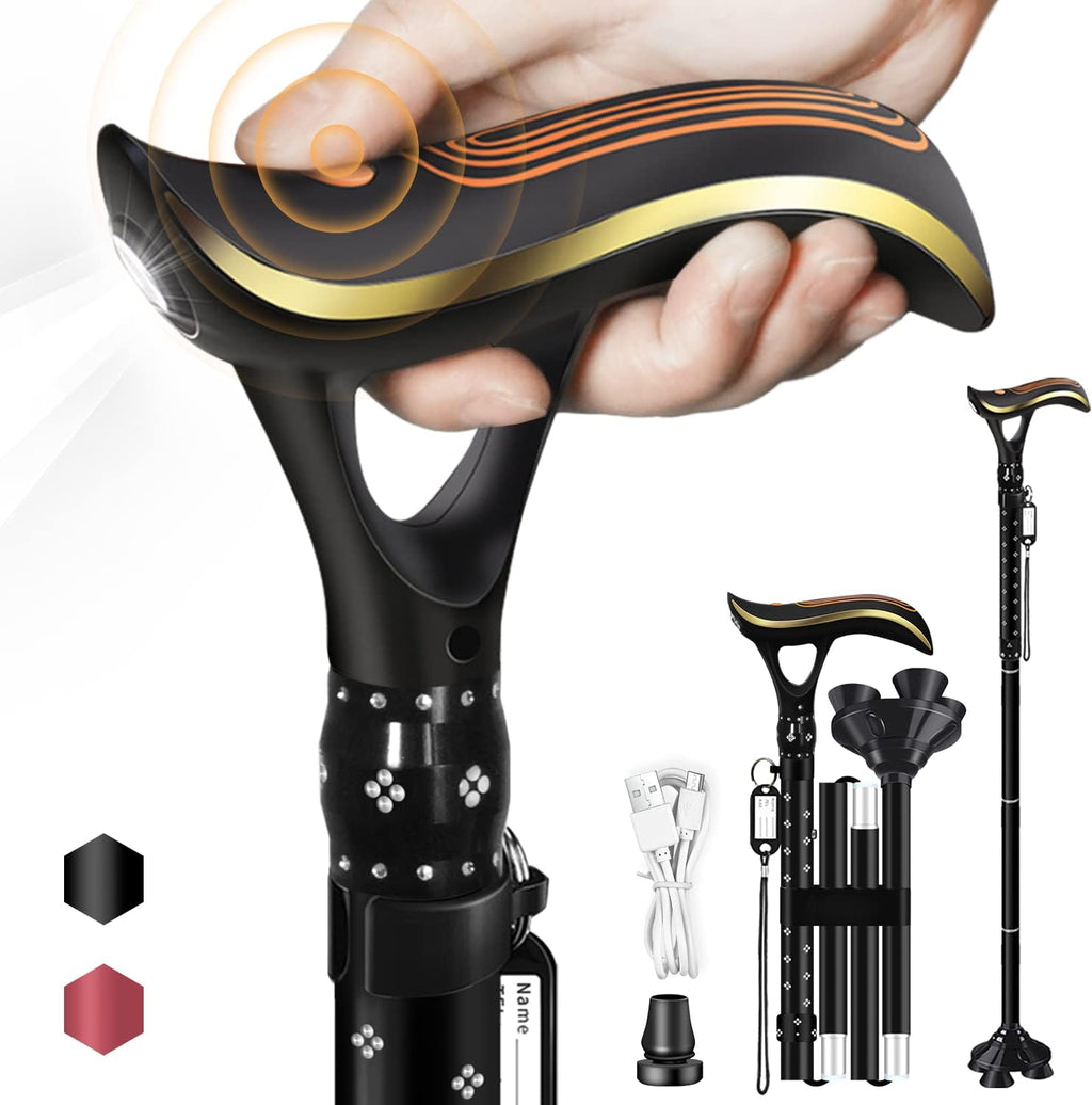 Folding Cane, Smart Alarm Foldable Cane with Light, Fashion Walking Cane for Women&Men, Adjustable Canes for Seniors, USB Direct Charging, Lightweight and Portable