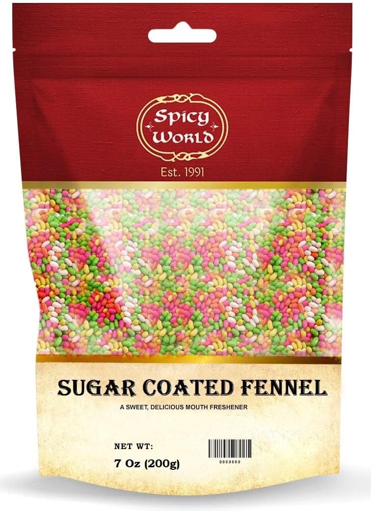 Spicy World Sugar Coated Fennel Seeds | Sweet Saunf Candy for Mouth Freshening - 7 Oz (200g) Pack | Premium Quality Fennel Mouth Freshener | Indian After Meal Digestive Treat