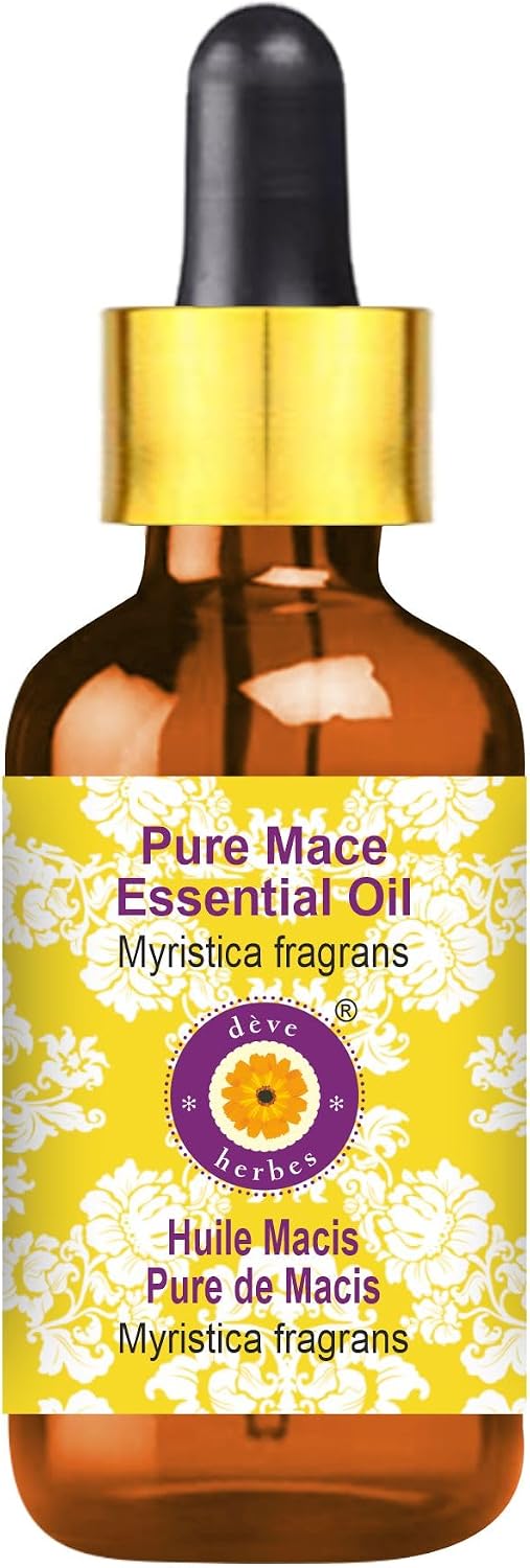 Deve Herbes Pure Mace Essential Oil (Myristica fragrans) with Glass Dropper Steam Distilled 10ml (0.33 oz)