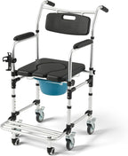 4-in-1 Bedside Commode Shower Wheelchair for Elderly and Disabled, Commode Chair with 4 Lockable Wheels, Detachable Bucket, Padded Seat&Armrests,Transport Chair with Flip-up Footrest, Black