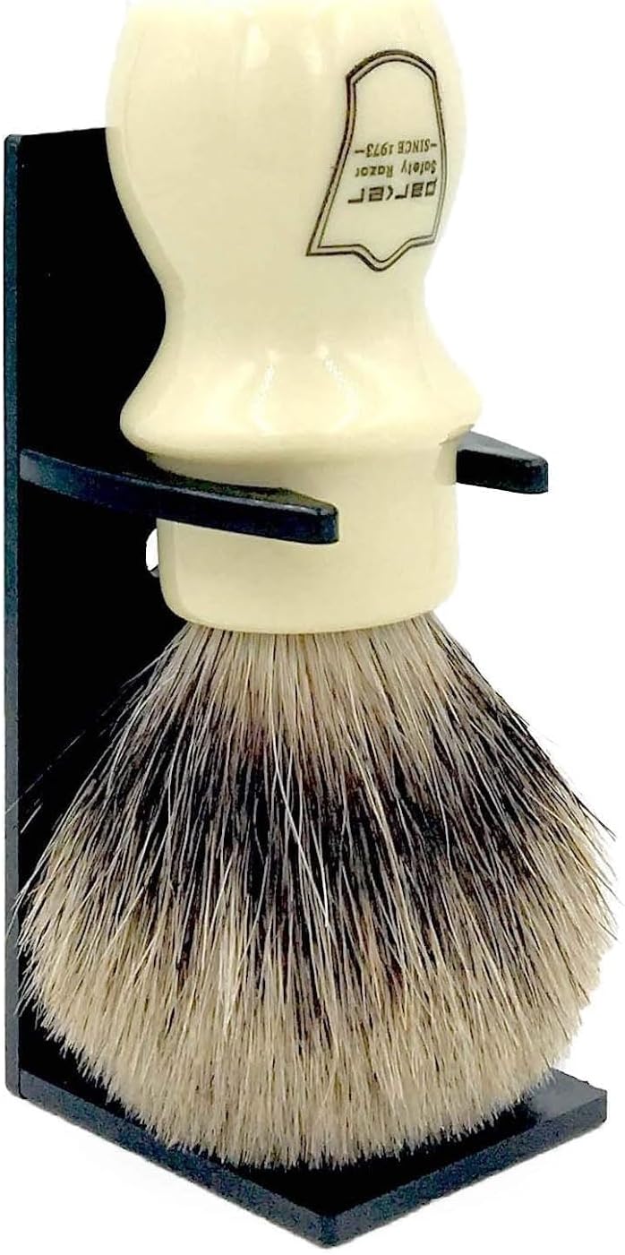 Parker Handmade Deluxe Mug Shaving Brush with Stand – 100% 3-Band Pure Badger Bristles –Extra Dense and Firm (Ivory)
