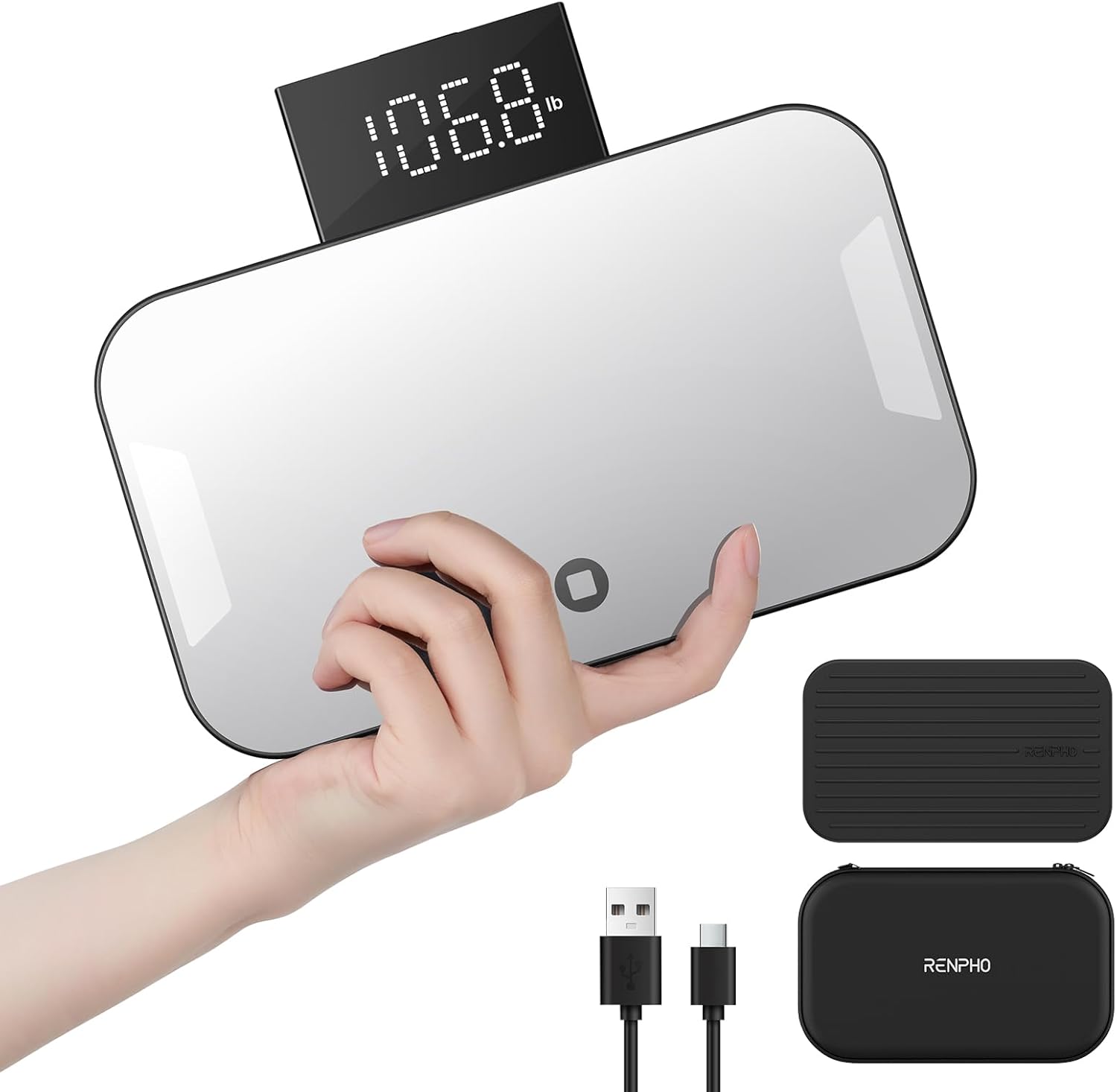 RENPHO Portable Rechargeable Scale for Body Weight, Travel Weight Scale with Travel Makeup Mirror, Slide-Out LED Display, Digital High Accurate Scale for Traveling, 400lbs, Core Go, 8.98" x 5.28"