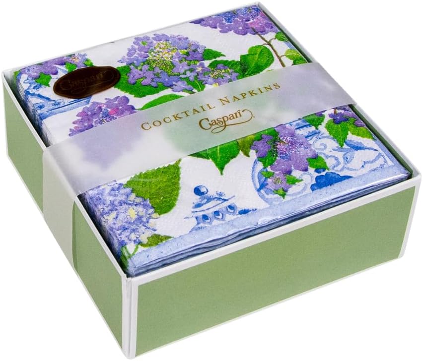 Caspari Hydrangeas and Porcelain Boxed Paper Cocktail Napkins - 40 Per Box