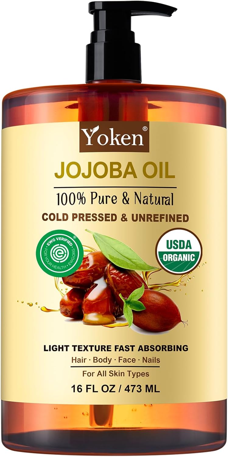 Yoken Pure Jojoba Oil Organic USDA Certified 16 fl oz, 100% Natural Jojoba Oil for Hair, Skin & Face, Cold Pressed Unrefined, Deeply Body Moisturizer Jojoba Carrier Oils for Essential oil Mixing