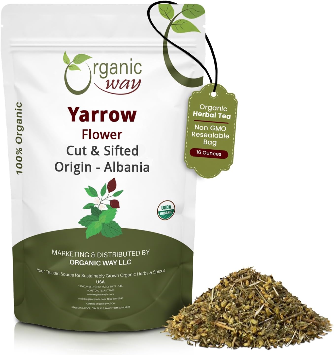 Organic Way Yarrow Flower Cut & Sifted (Achillea millefolium) - Herbal Tea | European Wild-Harvest | Kosher & USDA Certified | Vegan, Non-GMO & Gluten Free | 100% Raw from Albania (1LBS / 16Oz.)