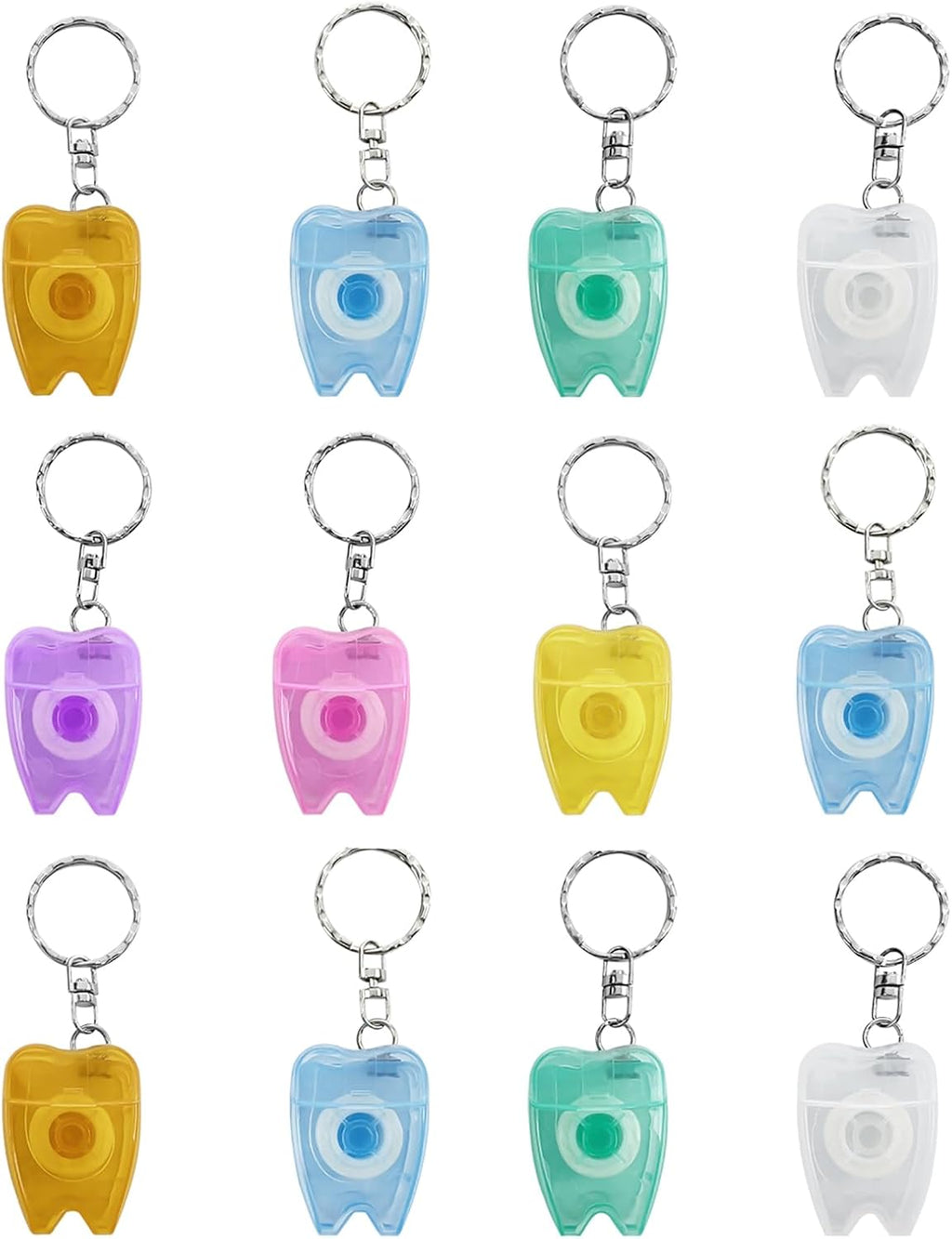 Portable Dental Floss Keychain, WINSIUUU 12Pcs Cleaning Mint Dental Teeth Floss Tooth Shaped Key Chain Flat-Line Design Floss Roll Cleaning Oral Care Tooth Cleaner Hygiene 15M Length- Random Color