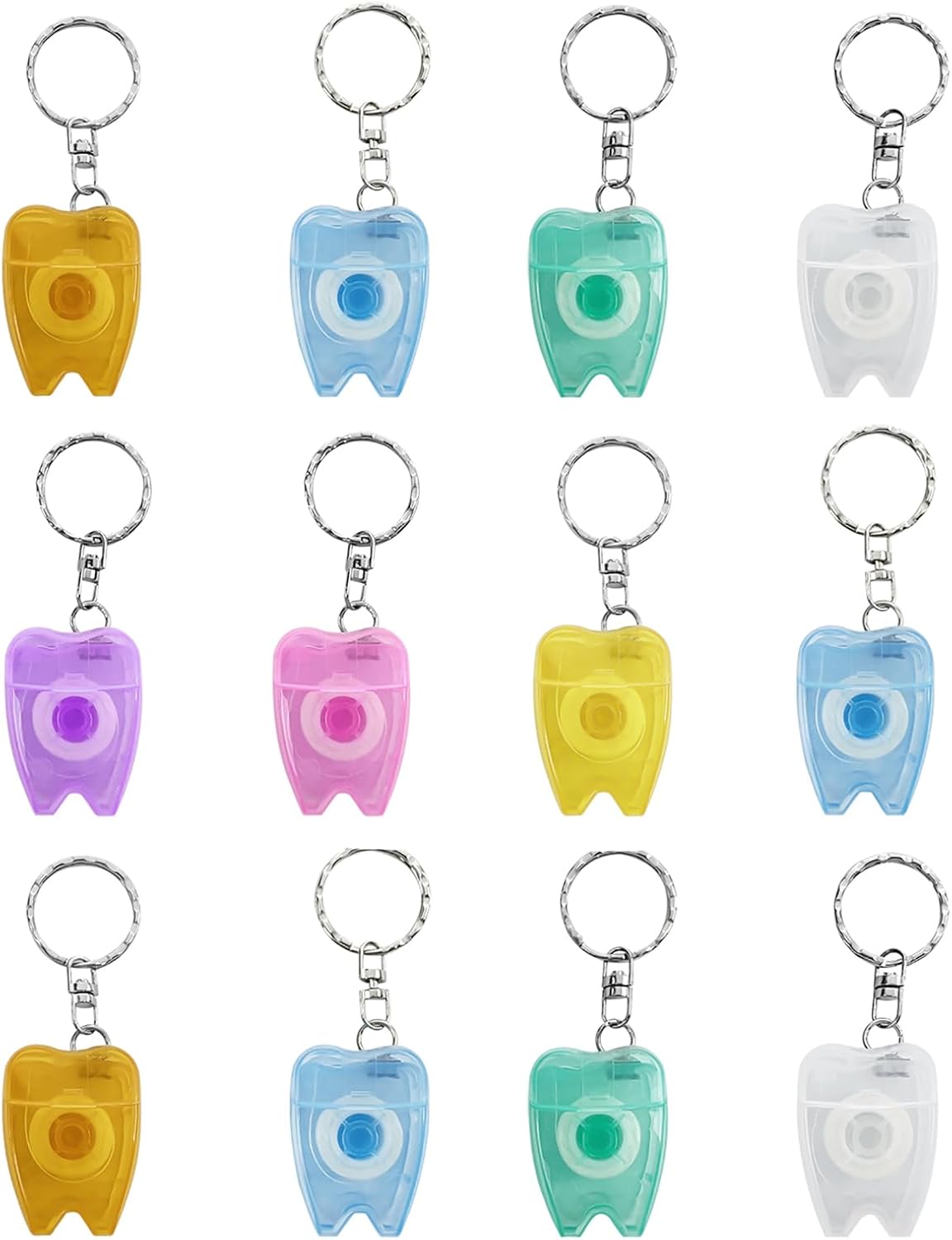 Portable Dental Floss Keychain, WINSIUUU 12Pcs Cleaning Mint Dental Teeth Floss Tooth Shaped Key Chain Flat-Line Design Floss Roll Cleaning Oral Care Tooth Cleaner Hygiene 15M Length- Random Color