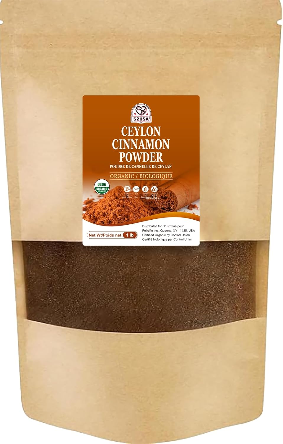 52USA Organic Ceylon Cinnamon Powder, 1lb Resealable Bag | True Cinnamon from Sri Lanka, Non-GMO, Gluten-Free, Freshly Ground for Baking, Cooking & Beverages