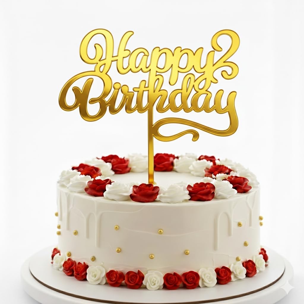 Gold Acrylic “Happy Birthday” Cake Topper – 5 Inch Reusable Birthday Cake Decoration in 3 Font Styles | Mirror Gold Acrylic Cake Topper for Kids, Adults & All Birthday Celebrations (Script Font)