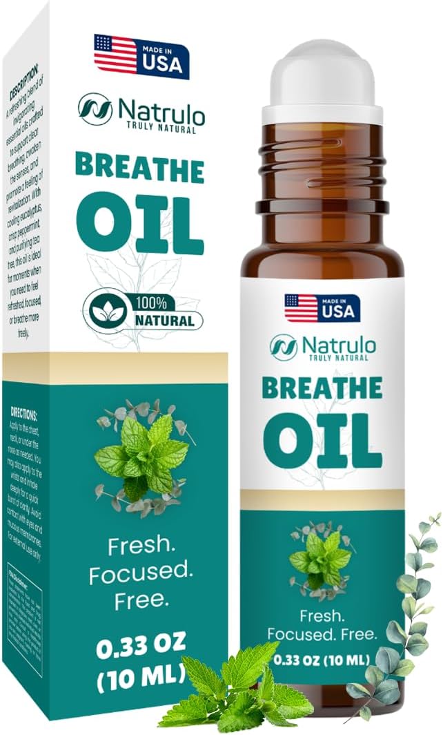 Breathe Essential Oil Roll On – Natural Peppermint Oil & Eucalyptus Oil for Skin – Refreshing Aromatherapy Essential Oil Roller to Support Clear Breathing, Focus & Revitalization – 10 ml, Made in USA