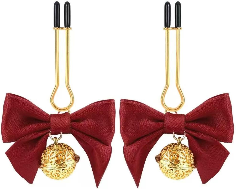 2Pcs Nipple Clamps, Adjustable Non-Piercing Body Jewelry with Bowknot Bells (red2)
