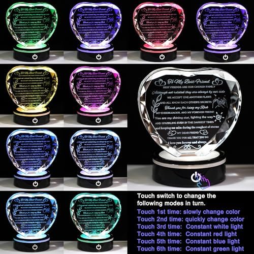 YWHL Best Friend Birthday Gifts with LED Base Crystal Heart Keepsakes Friendship Gifts for Women Best Gift Ideas for Bestie Friends Female BFF Gift for Her