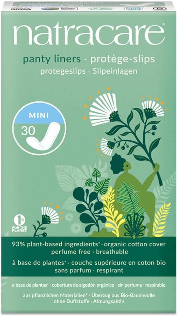 Natracare Natural Organic Mini Panty Liners, Made with Certified Organic Cotton, Ecologically Certified Cellulose Pulp and Plant Starch (1 Pack, 30 Liners Total)