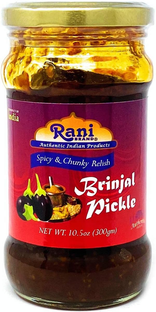 Rani Brinjal (Eggplant) Pickle Mild (Achar, Spicy Indian Relish) 10.5oz (300g) Glass Jar ~ Vegan | Gluten Free | NON-GMO | No Colors | Popular Indian Condiment, Indian Origin