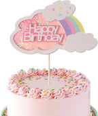 Pink Happy Birthday Cake Topper, Paper Cloud and Rainbow Decoration, Birthday Party Supplies for Cakes