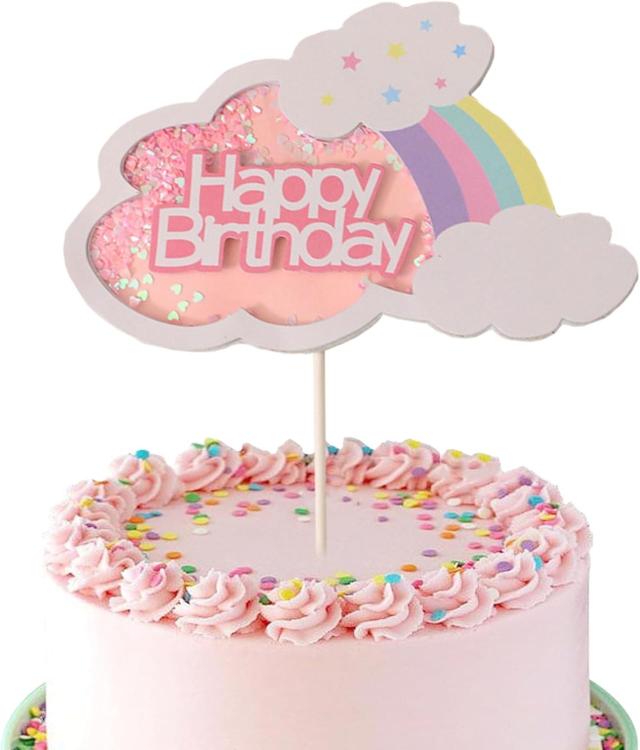 Pink Happy Birthday Cake Topper, Paper Cloud and Rainbow Decoration, Birthday Party Supplies for Cakes