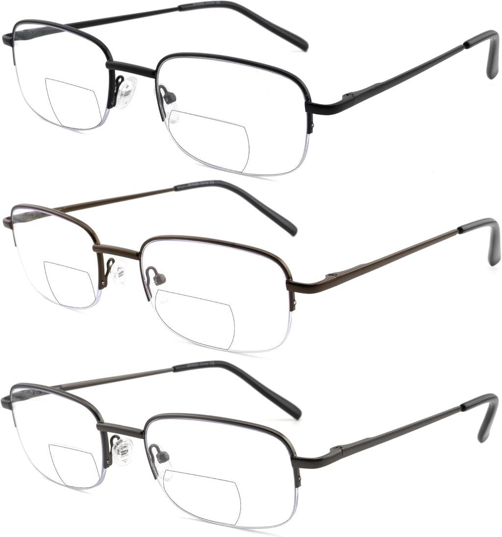 Bifocal Reading Glasses for Men,Lightweight Metal Clear Top Bi-focal Readers Half Frame Far/Near Dual-use Eyeglasses