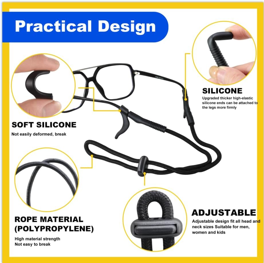 Eye Glasses Holder Strap - glass Straps Cords for Men Women Kids -sunglasses Eyeglass Holders Around Neck - Eyewear String Lanyard Retainer - 4 PCS Black Includes Storage Case