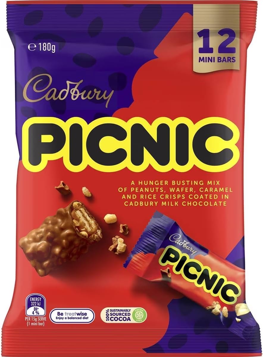 Cadbury Picnic Milk Chocolate Bars – 12 Treat Size Pack (180g) – Made in Australia – Peanuts, Wafer, Caramel, and Rice Crisps Covered in Milk Chocolate