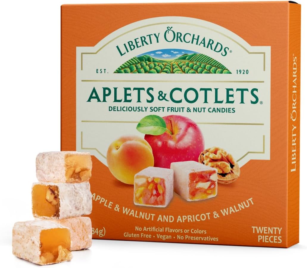Liberty Orchards Original Aplets & Cotlets - Gourmet Chewy Snack in Gift Box, Gluten Free, Lokum with Nuts, Apricot Walnut Vegan Turkish Delight Candy 10 Oz