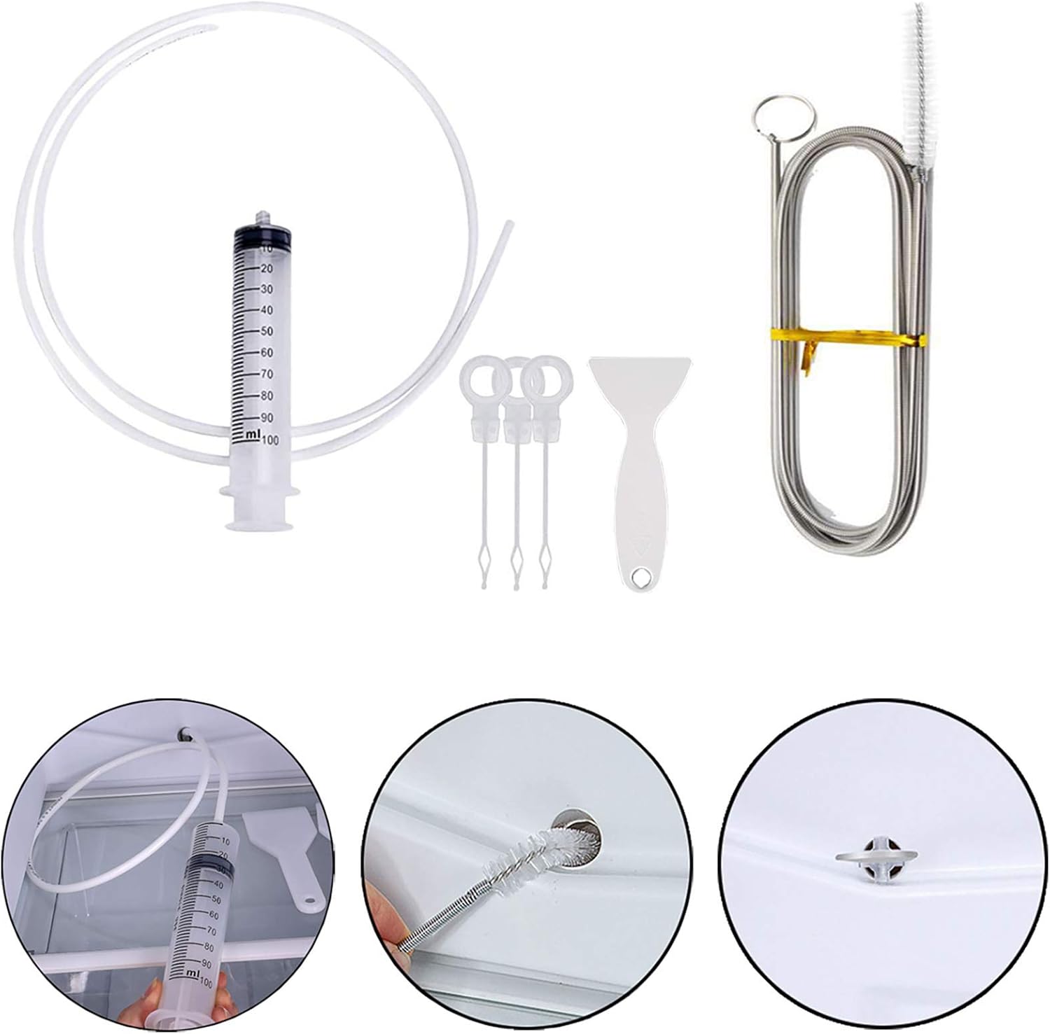 MUAECH Refrigerator Drain Hole Cleaner Kit, 7-Piece Fridge Drain Tube Cleaning Tool with 60IN Long Flexible Brush & Hose, for Clogged Water Line & Dispenser - Includes Syringe, Plungers, Shovel