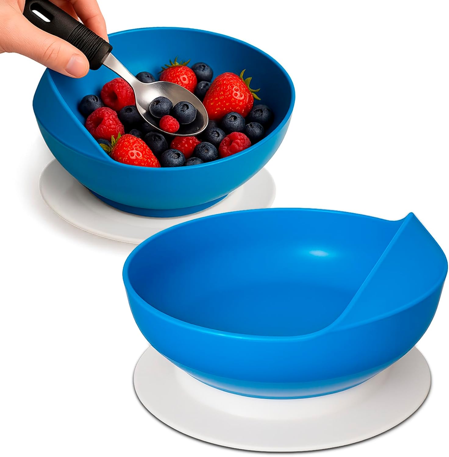Vive Spill-Proof Scoop Bowl (2 Pack) - Adaptive Eating Equipment with Lipped Edge for Elderly & Disabled - No-Spill Scoop Aid for Parkinsons, Dementia, Strokes, Tremors - Special Non-Skid Bowl (Blue)