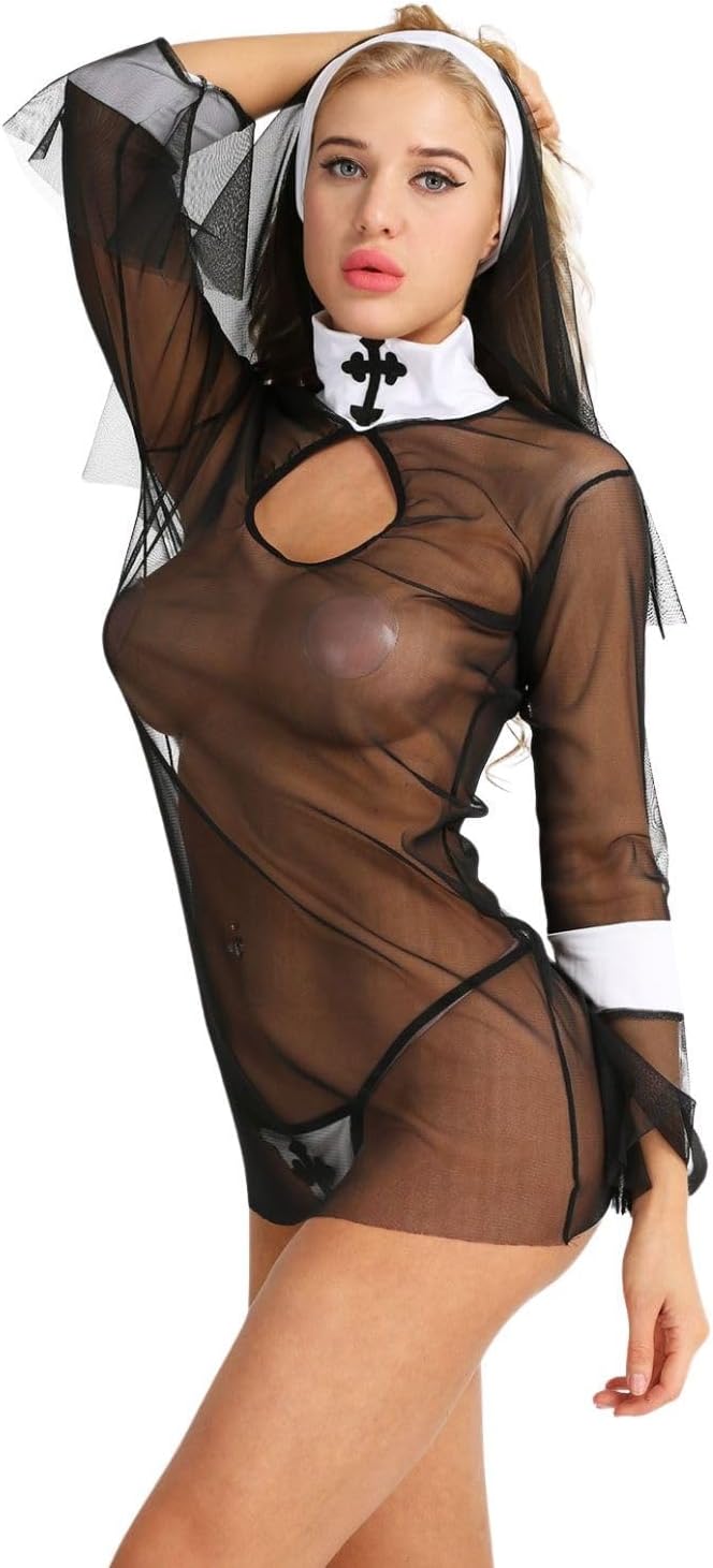 ROSVAJFY Women's Sexy Nun Cosplay Lingerie Anime Roleplay Costume High Slit Fancy Dress Outfit Halloween Nightwear with Veil