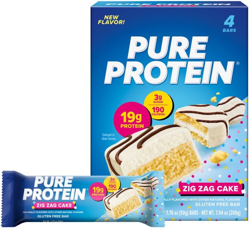 Pure Protein Zig Zag Cake Protein Bars – 19g Protein, 3g Sugar, 190 Calories (4 count) Low Sugar* High Protein Snack - Gluten Free - Perfect for a Healthy Snack.