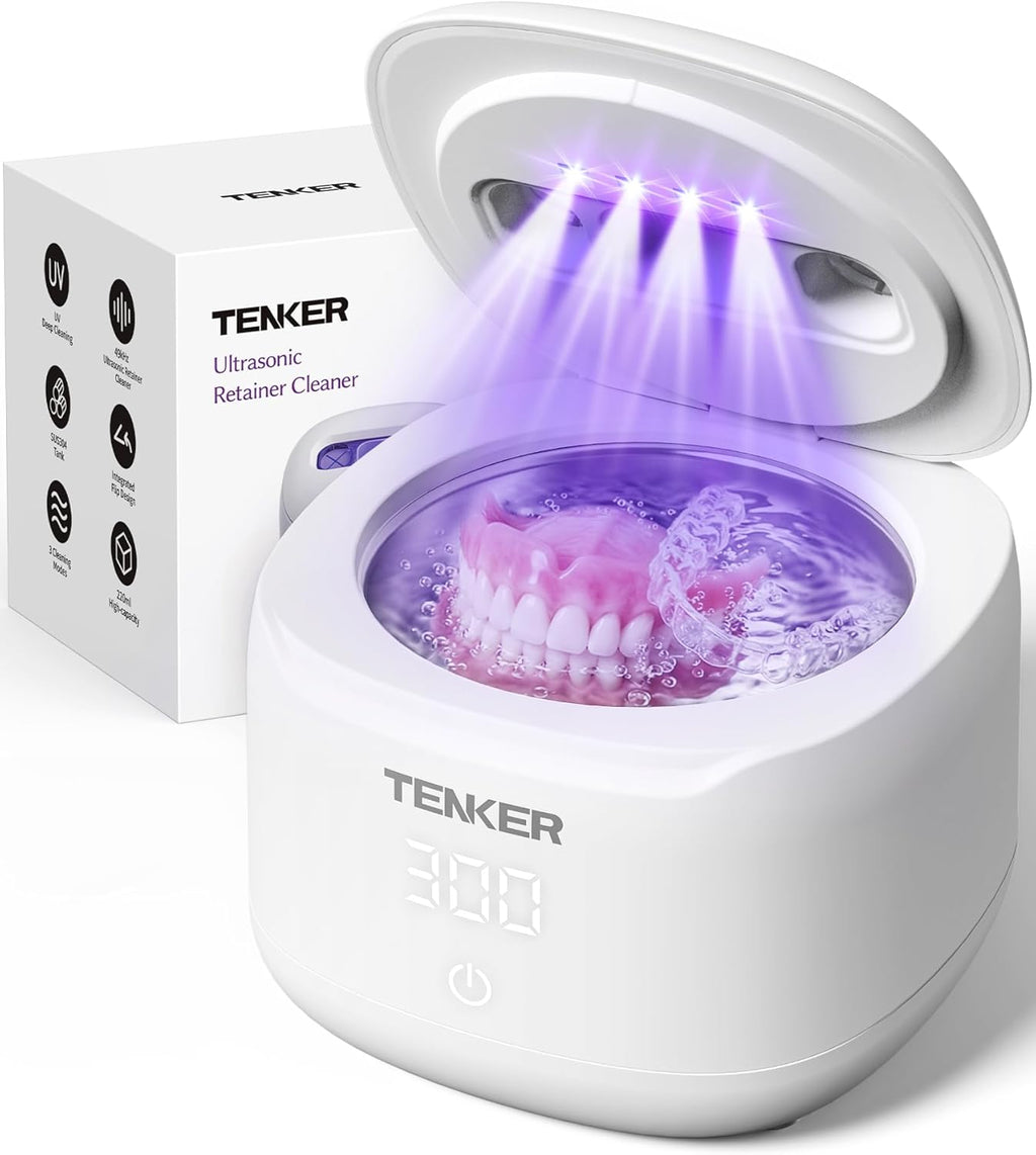 Ultrasonic Retainer Cleaner Machine, 49kHz Dental Cleaning Pod for Night Guards, Mouth Guards, Aligner, Braces, Toothbrush, Jewelry, Dentures, Ultrasonic Cleaner for Oral Dental Care, 220ML, White