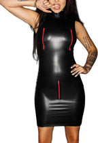 Elegant Black PU Faux Leather Mini Dress for Women Sexy Bodycon with Zipper Detail Matte Stand Collar Sleek Dress