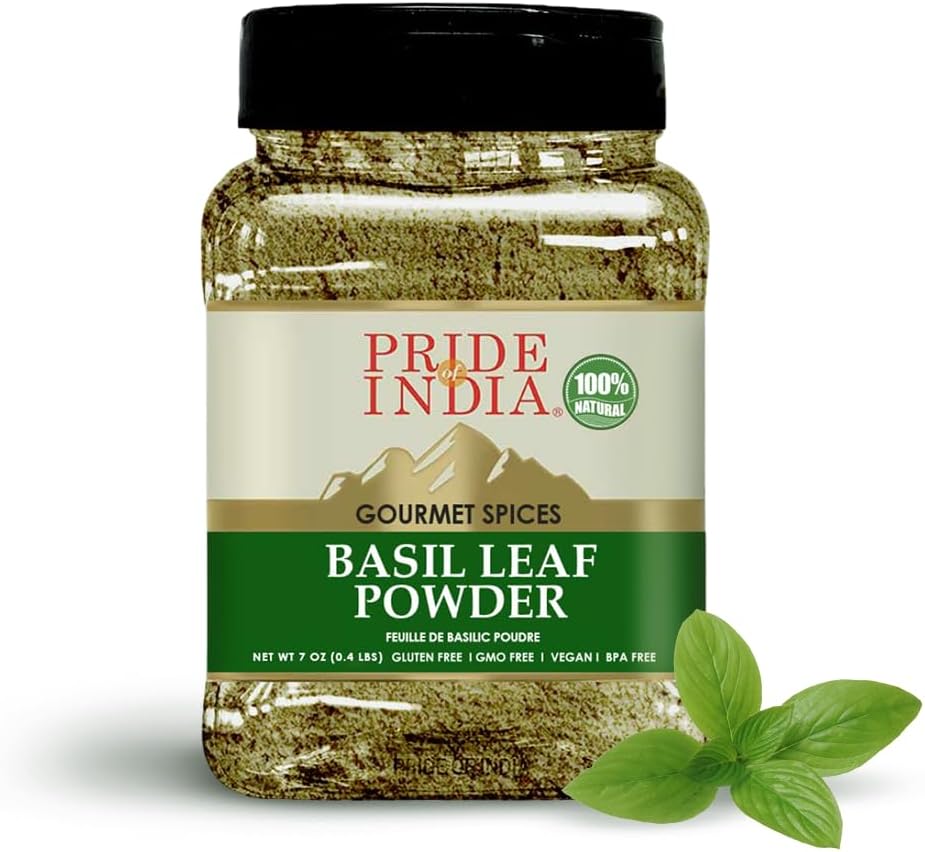 Pride of India Basil Powder | Dried Basil Leaves | Gourmet Culinary Basil Spice | Aromatic Dry Basil for Pesto/Stews/Curries | No Additives & Easy to Store | Medium Dual Sifter Jar - 7 oz