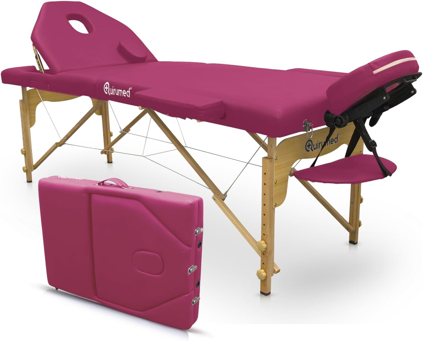 Elite Folding Wooden Massage Table, Pink, 194 x 70 cm, Leatherette, Portable, Folding Backrest, Removable Head, Face Hole, Adjustable Height, Up to 150 kg