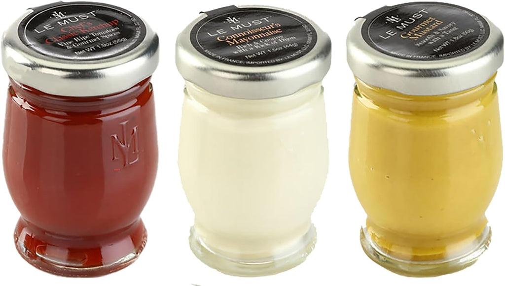 Le Must Premium Glass Condiment Assortment Mini Jars (Le Must Ketchup, Yellow Mustard, Mayonnaise) Pack of 3