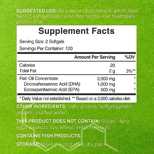DHA Supplements | 240 Softgels, Burpless, Lemon Flavor, DHA 1000mg + EPA 500mg, Wild Caught Fish, Rich in Omega-3s, Mercury Free, Non-GMO, Support Brain Heart & Joint Health