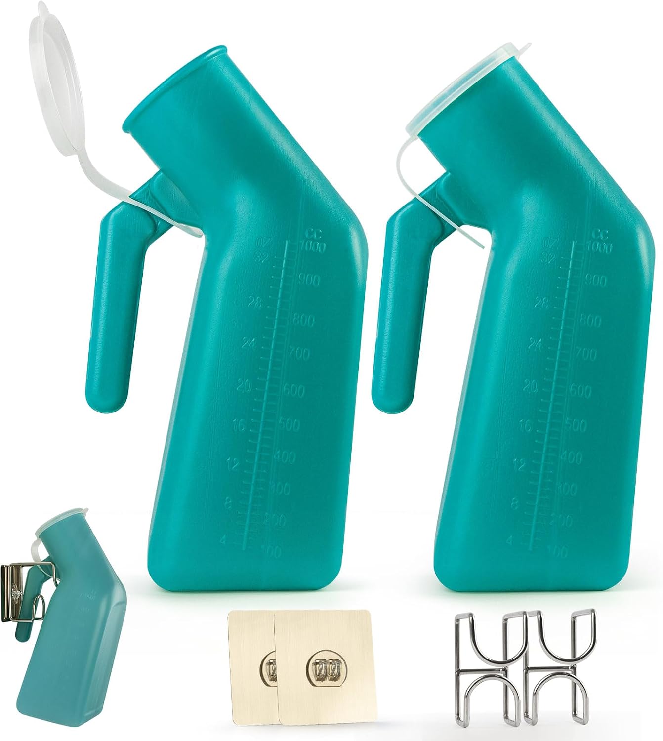 Urinals for Men Two 1000ml Urine Bottle (Green) with 2 Hooks, Suitable for Nighttime use, in the car, at the Beach, While Travelling, specifically for Male use