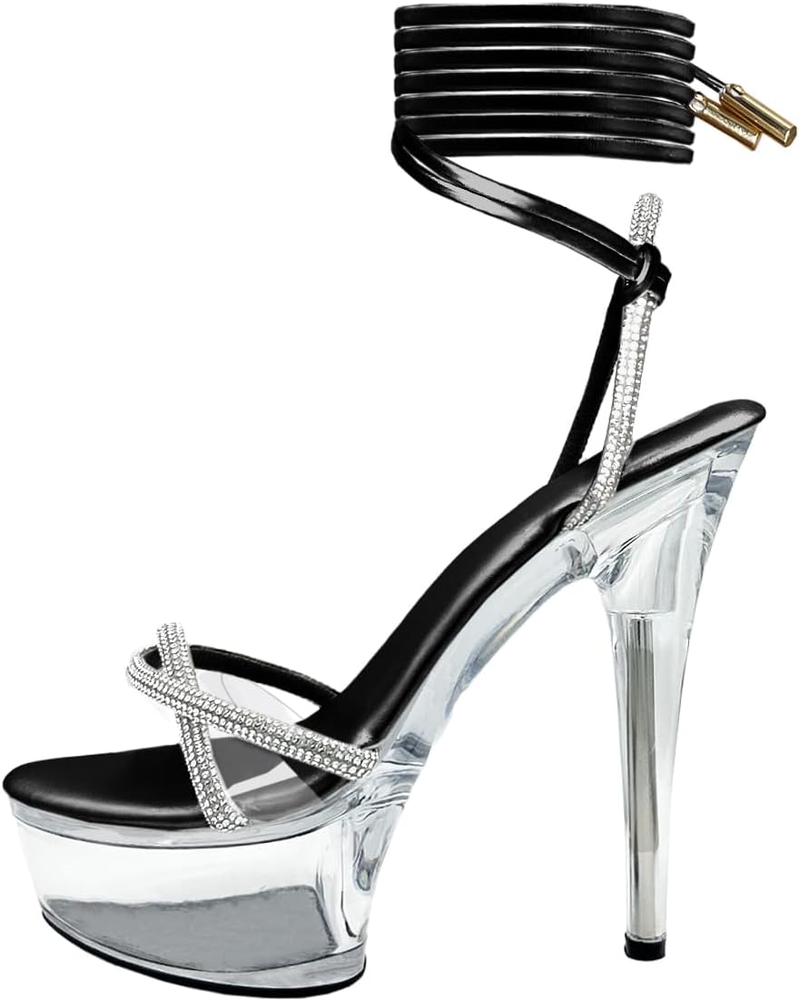 Women's Rhinestones Strap Clear Platform Stiletto Heels Sparkly Tie Up Strappy Sandals
