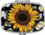 Sunflower Pill Box 2 Compartment Small Pill Case for Purse & Pocket Travel Portable Metal Medicine Box to Hold Vitamins Medication Fish Oil Supplements Sunflower for Women Men (YH3886)