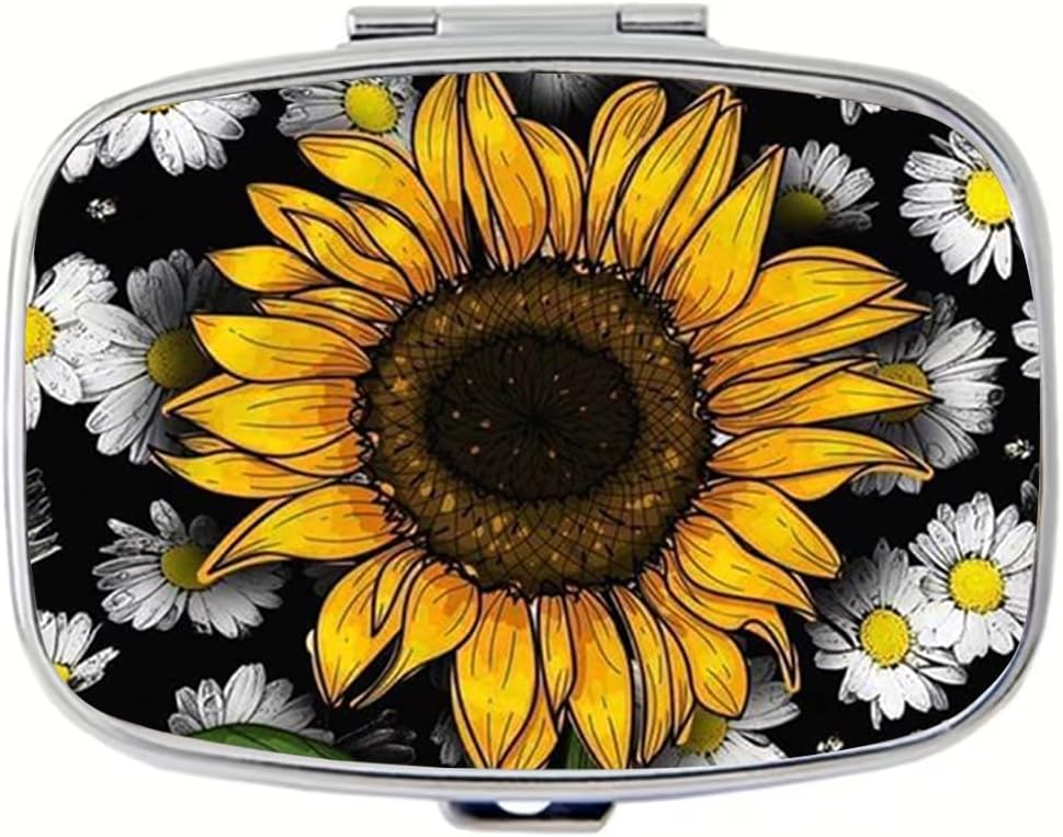 Sunflower Pill Box 2 Compartment Small Pill Case for Purse & Pocket Travel Portable Metal Medicine Box to Hold Vitamins Medication Fish Oil Supplements Sunflower for Women Men (YH3886)