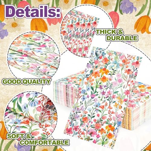 Whaline 50 Pcs Flower Guest Napkins Disposable Napkins Watercolor Wildflower Floral Dinner Paper Hand Towel for Bathroom Spring Birthday Party Table Supplies