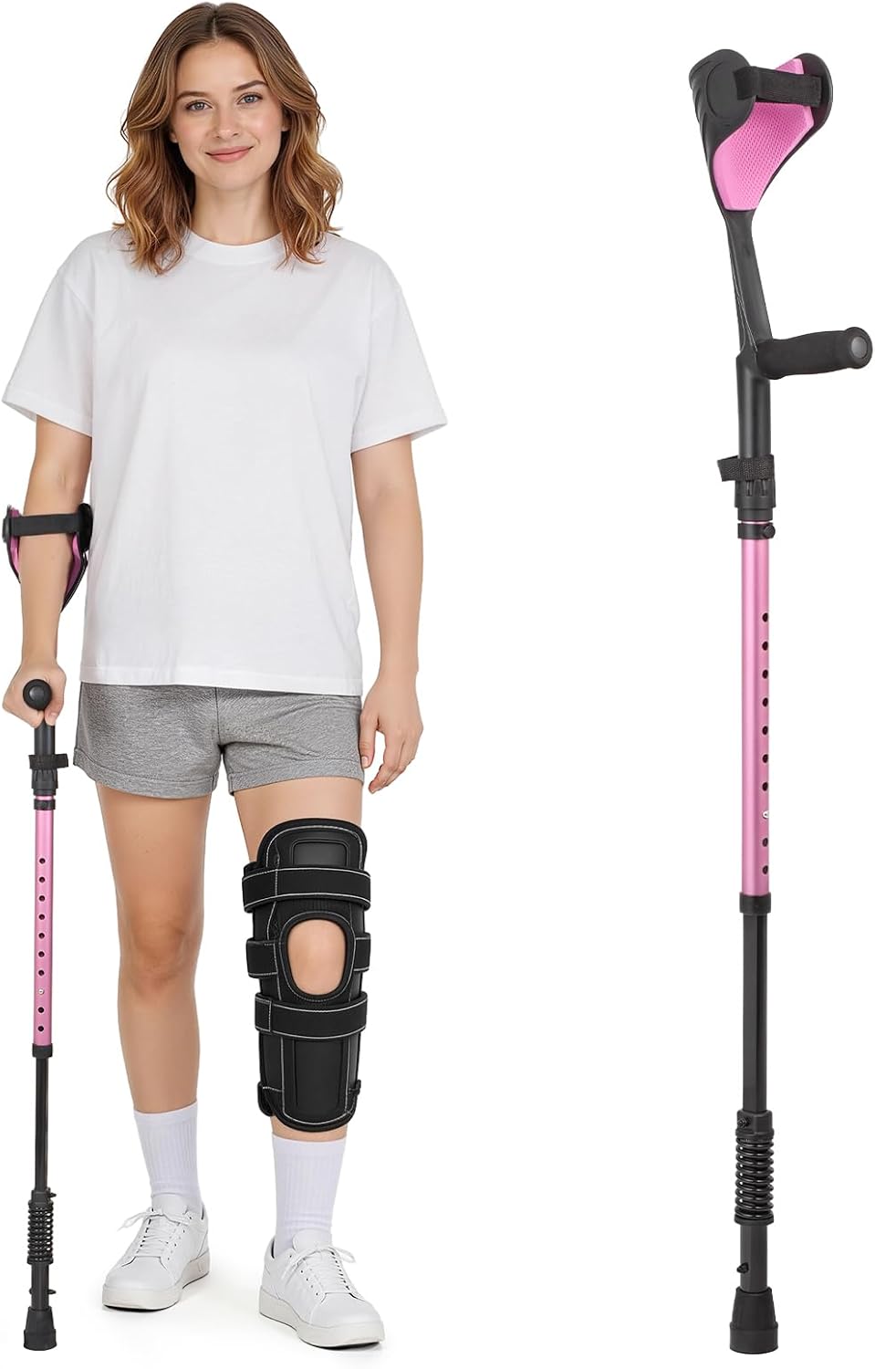 Ergonomic Forearm Crutches Spring Assist Crutches for Adults,Comfortable and Height Adjustable Arm Crutches Forearm with Anti-Slip Base,Walking Crutches with Cuffs, Not a Pair (Pink)