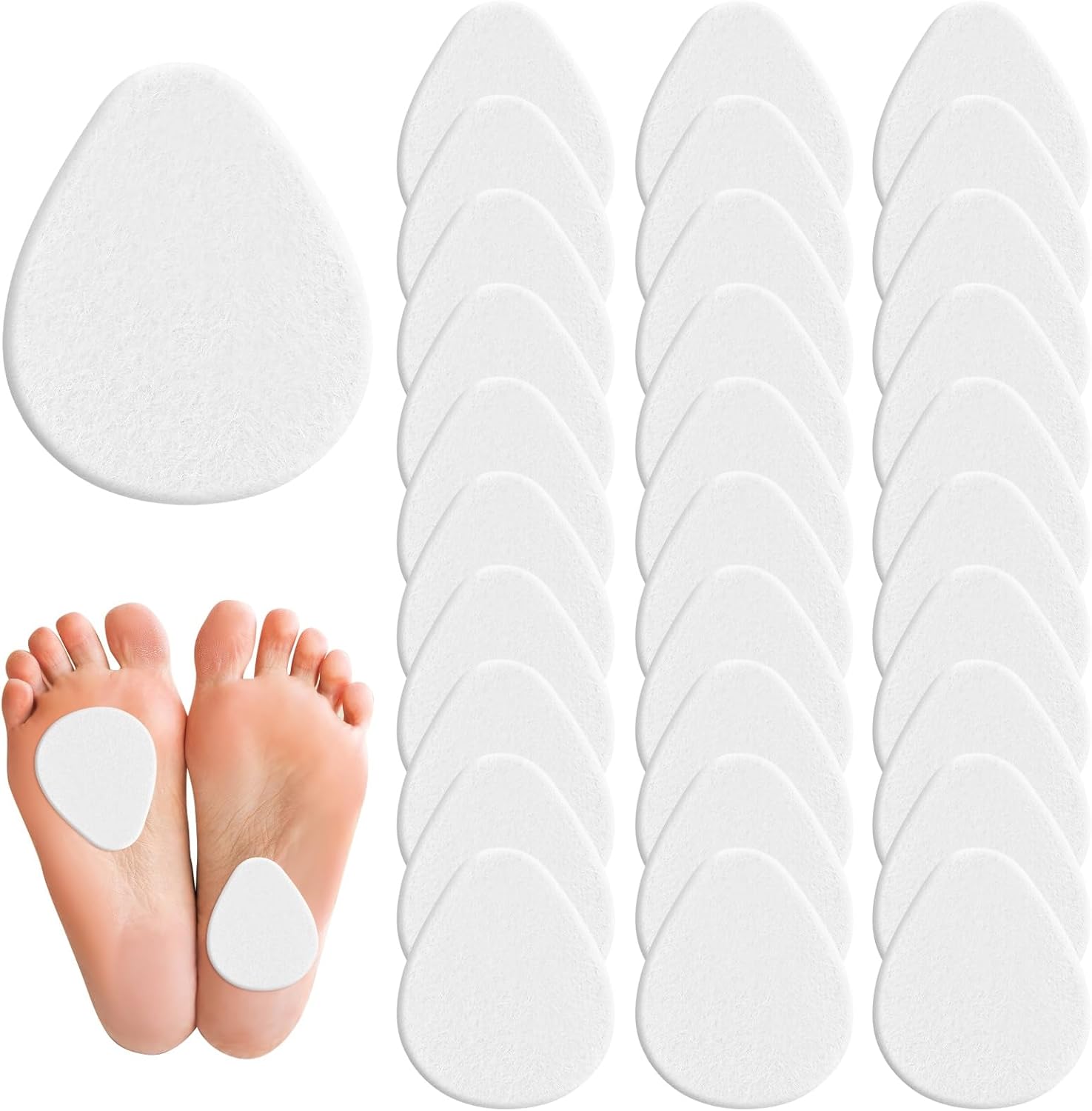 30 Pcs Metatarsal Foot Pads for Pain Relief, 0.28" Thick Felt Ball of Foot Cushion for Women and Men Non Slip Metatarsalgia Mortons Neuroma Forefoot and Sole Pads for Shoes High Heels-White